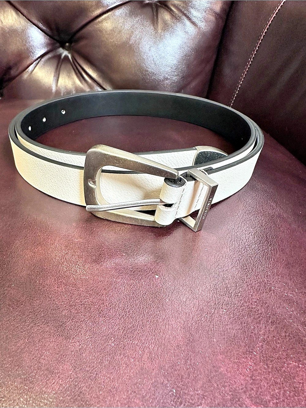 All Saints Gypsum White Leather Belt Antique nickel Silver Hardware Like New XL